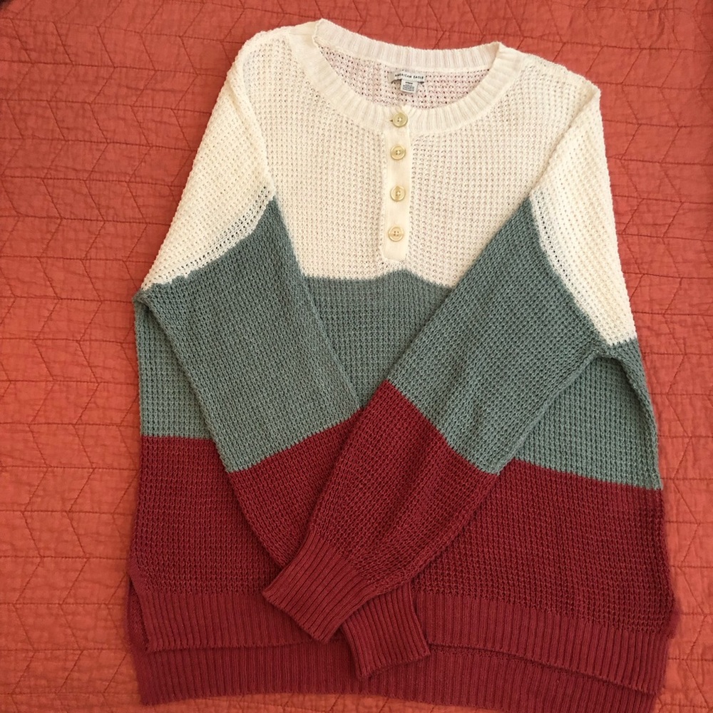 American Eagle Women’s Colorblock Waffle Knit Henley Oversized Sweater Sz M GUC